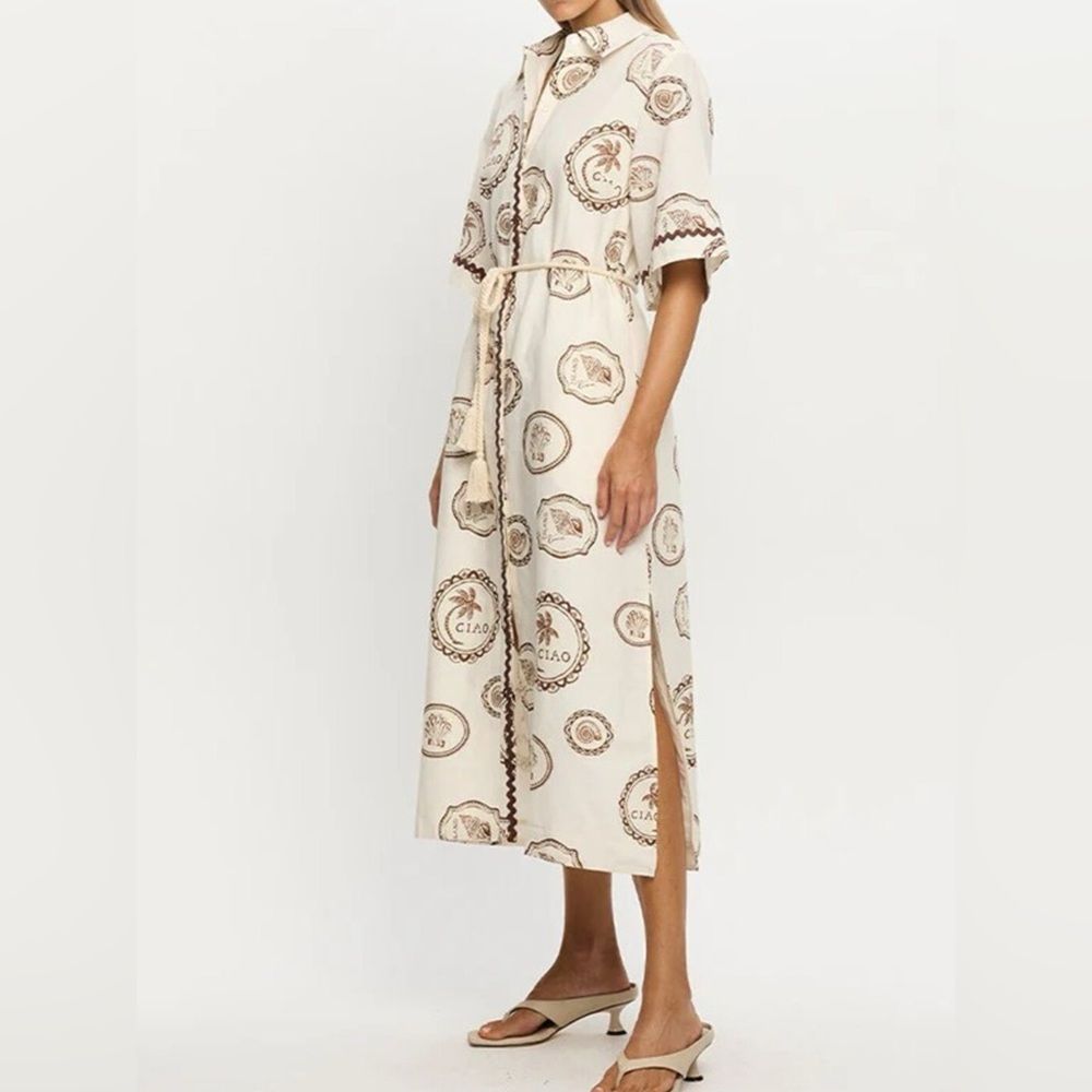 NWT Island Postcard Print Button-Down Midi Shirt Dress Belted, Boho Summer S-2XL - Picture 5 of 8